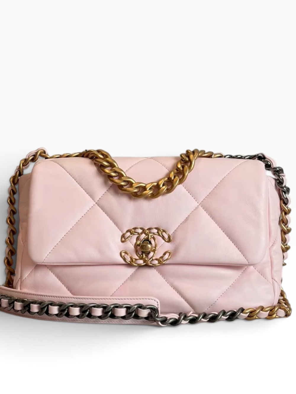 Chanel 19 Pink Quilted Lambskin Flap Shoulder Crossbody Bag Mixed Metal Chain